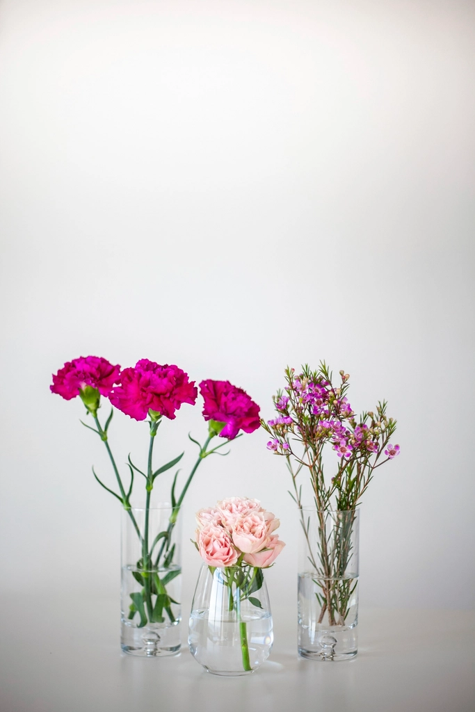 ガラスの花瓶に生けられたピンクのカーネーションと小花の写真